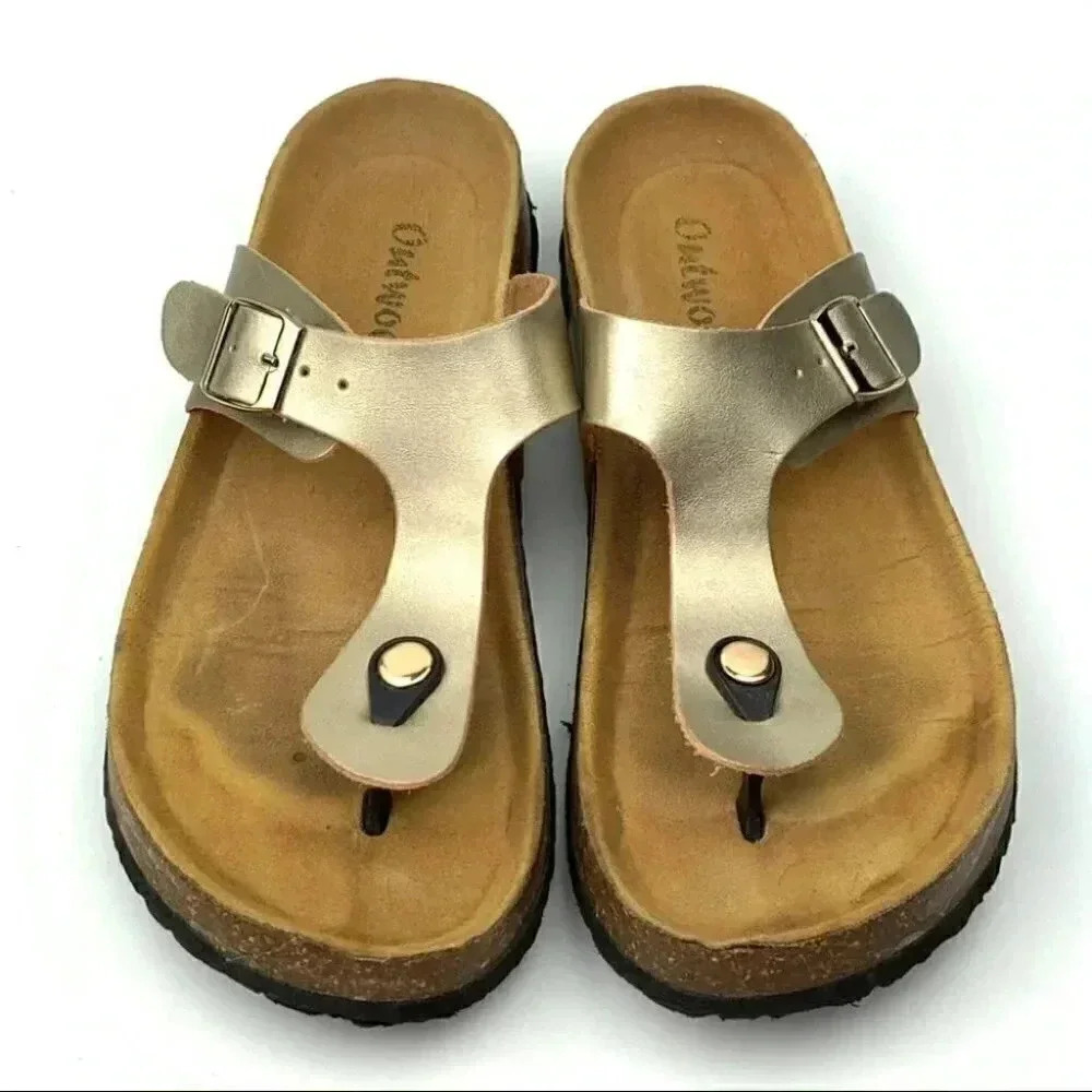 Outwoods sandals sz 10 gold metallic thong t-strap - Picture 2 of 10
